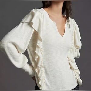 Pilcro Anthropologie Cozy Textured Popover Ruffled Cream Blouson Sleeve Top M